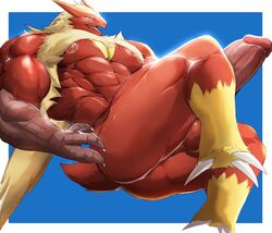 2021 abs anthro ass balls barazoku bastroceive big_muscles big_penis blaziken blue_background border claws erection fur genitals hi_res huge_cock huge_muscles humanoid_genitalia humanoid_penis magangz male male_only muscular muscular_anthro muscular_male nintendo nipples nude obliques pecs penis perineum pokemon pokemon_(species) simple_background smile solo tuft video_games white_border