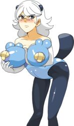 alternate_breast_size bare_shoulders blush breasts brown_eyes cleavage cosplay costume elbow_gloves english freckles gloves huge_breasts humanized large_breasts latex nintendo oshawott oshawott_(cosplay) pantyhose pokemon pokemon_(cosplay) pokemon_(species) pokemon_bw source_request tail white_hair