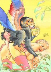 1boy 1girls all_fours anal anal_penetration anal_sex artist_request bestiality chistery dorothy_gale feathered_wings female flying_monkey hetero human looking_at_viewer looking_back male pink_thighhighs red_nails sex spread_pussy straight tagme the_wizard_of_oz uncensored winged_humanoid