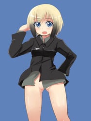 blue_eyes blush bottomless censored clothing comord convenient_censoring cute_fang erica_hartmann gradient_hair hand_on_hip hips multicolored_hair no_panties open_mouth solo strike_witches