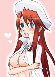 anime_style aty big_breasts big_eyes blue_eyes blush breasts cloak clothed clothing female female_only heart holding_arm human long_hair looking_at_viewer nipples open_mouth pale_skin red_hair solo summon_night summon_night_3 tagme