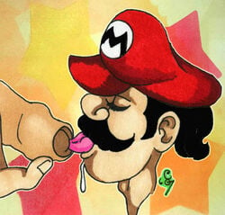 2boys adam's_apple artist_signature beige_skin black_hair christian_(artist) closed_eyes color erection facial_hair fellatio foreskin gay hat holding_penis human intact licking_penis male male/male male_only male_urethral_insertion manly mario mario_(series) mature_male multiple_males mustache nintendo oral oral_sex partially_retracted_foreskin penis saliva_drip short_hair side_view smooth_penis tongue tongue_in_urethra tongue_out uncut urethral_insertion urethral_penetration yaoi