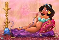 aladdin arabian arabian_clothes bottomless disney disney_princess erect_nipples female female_only harem_outfit human nipples princess princess_jasmine pubic_hair pussy smoking solo zandersnazz