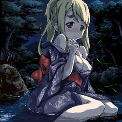 bare_shoulders blonde_hair blue_eyes blush breasts clothes_down female forest human human_only japanese_clothes k-on! kimono kimono_down long_hair lowres nature nipples obi oekaki off_shoulder sao9434 solo stream tsumugi_kotobuki_(k-on!) water