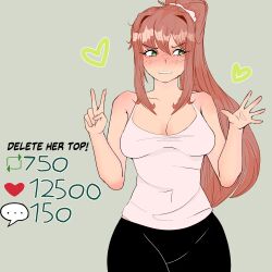 5_fingers breasts cleavage comment_icon doki_doki_literature_club english_text female gray_background green_eyes grey_background gunkygloop heart heart_icon iciasone leggings long_hair monika_(doki_doki_literature_club) number numbers peace_sign retweet_icon strip_game text