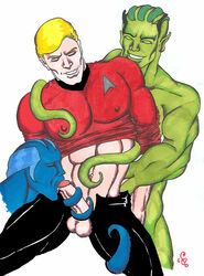 3boys abs alien artist_signature balls ballsack blonde_hair blowjob blue_hair blue_skin christian_(artist) closed_eyes erect_nipples_under_clothes erection fellatio gay green_eyes green_hair green_skin human humanoid legs_held_open looking_down male male_only muscles muscular_male no_pupils open_pants pants_open penis penis_out restrained scrotum shirt_up smooth_penis star_trek starfleet_insignia sucking tentacle_monster tentacle_on_male tentaclejob testicles undressing yaoi