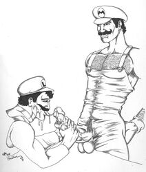 2boys artist_signature balls ballsack bent_penis body_hair brothers christian_(artist) cum cum_drip cum_dripping cum_in_mouth cum_on_face curved_cock erection facial_hair fellatio gay hairy_chest hairy_male hand_on_ass holding_penis human incest licking_cum long_penis luigi male male_only male_pubic_hair mario mario_(series) monochrome multiple_males mustache nintendo open_fly oral oral_sex overalls overalls_only penis penis_out scrotum straight_hair testicles tight_clothing tongue tongue_out veiny_penis yaoi