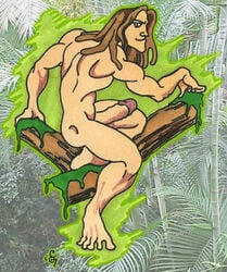 1boy artist_signature brown_eyes brown_hair christian_(artist) disney erection human large_penis long_hair_male looking_back male male_only manly muscles muscular_male nude_male penis smooth_penis smooth_skinned_male solo tarzan_(1999_film) tarzan_(character)