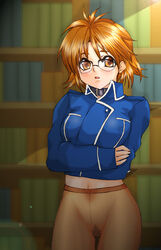 clothes color eyewear female female_only front_view fullmetal_alchemist glasses hair human indoors looking_at_viewer pantyhose pointy_chin sheska short_hair solo tagme