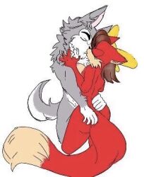 anthro ass ass_grab background bowtie breasts breasts_out brown_hair closed_eyes clutch clutching fiona_fox fox grey_fur husky kissing lowres no_background red_fur sonic_(series) tail tan_fur white_fur