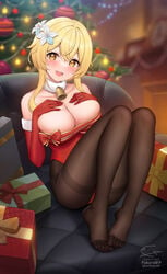 1girls 2d_(artwork) bangs bare_shoulders bell bell_collar big_breasts black_leggings black_legwear black_pantyhose blonde blonde_hair blush bow breasts chair christmas christmas_outfit christmas_tree cleavage collar collarbone couch detailed_background feet female flower flower_in_hair fukuro_ko_(greentea) genshin_impact gloves hair_between_eyes hair_ornament hands_on_breasts huge_breasts large_breasts leggings legs_up leotard looking_at_viewer lumine_(genshin_impact) mouth_open open_mouth pantyhose presents red_gloves red_leotard ribbon short_hair shoulders sitting sitting_on_chair sofa solo thick thick_thighs thighs toes wrapped yellow_eyes yellow_hair