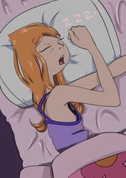 aged_up arumajiro blue_eyes candace_flynn female fully_clothed long_hair messy_hair one_eye_open open_mouth orange_hair phineas_and_ferb pillow sleeping small_breasts solo tank_top