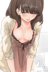 1girls 2d_(artwork) blush breasts closed_eyes down_blouse female female_only hanging_breasts idolmaster medium_breasts no_bra sakuma_mayu