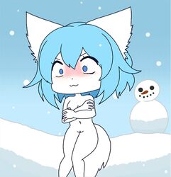 animal_ears blue_hair blushing cold covering_breasts freezing furrowed_eyebrows furry naked nose_blush nude small_breasts snow snowman sucking virtual_youtuber winter wolf_ears wolf_girl wolf_tail wolfychu youtube youtuber