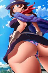 1girls ass ass_focus big_ass blue_eyes brown_hair clothed eroswau female female_only gloves gyakuten_saiban huge_ass magician panties rooftop scarf thick_thighs top_hat trucy_wright upskirt wide_hips