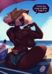 1girls 2022 animal_ears ass beach beach_towel beach_umbrella big_breasts breasts dark-skinned_female dark_skin dialogue dragon_horns dragon_tail english_text female female_focus female_only ganache_(gattles) gattles horns looking_at_viewer looking_back muscular muscular_female narrowed_eyes original original_character pointy_ears seaside short_tail sideboob smiling_at_viewer solo solo_female speech_bubble tail talking_to_viewer thick_thighs thighs white_hair