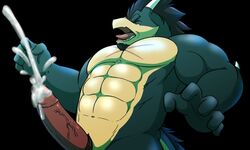 abs anthro bara-diction black_hair blue_body bodily_fluids clothed clothing cum cum_on_penis dragon ejaculation genital_fluids genitals hair horn male multicolored_body muscular muscular_anthro muscular_male navel nude ocean_blues open_clothing open_mouth open_topwear open_vest pecs penis scalie scar solo teeth topwear vest video_games visual_novel white_body