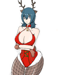 1girls alternate_costume antlers blue_eyes breasts byleth_(fire_emblem) byleth_(fire_emblem)_(female) christmas christmas_outfit cleavage female_only fire_emblem fire_emblem:_three_houses fire_emblem_heroes fishnet_legwear fishnets gloves huge_breasts kazushige looking_at_viewer manuela_casagranda_(cosplay) manuela_casagranda_(winter)_(cosplay) medium_hair nintendo open_mouth solo teal_hair thick_thighs white_background wide_hips