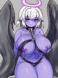 1girls angel angel_girl areolae black_wings blush breasts cleavage dark_angel_(monster_girl_encyclopedia) fallen_angel female halo highres huge_breasts lactation long_hair looking_at_viewer monster_girl monster_girl_encyclopedia nav_(thatnav) navel nipples purple-skinned_female purple_eyes purple_skin revealing_clothes sitting smile solo thick_thighs white_hair wings