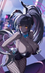 1girls 2021 2v_(joyeong) absurdres animal_ears bare_shoulders black_hair black_leotard blue_archive bow bowtie bowtie_collar breasts bunny_ears bunny_tail bunnysuit cleavage collar dark-skinned_female dark_skin female female_focus female_only fishnet_legwear fishnets highres huge_breasts karin_(blue_archive) karin_(bunny)_(blue_archive) leaning_forward legs_together leotard navel playboy_bunny ponytail skin_tight skindentation solo solo_female tail thick_thighs thigh_gap thighs yellow_eyes