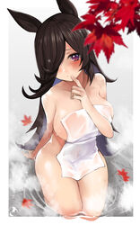 2d_(artwork) absurdres alternate_breast_size animal_ears bangs black_hair blush breasts collarbone female finger_to_mouth hair_over_one_eye highres horse_ears horse_girl large_breasts leaf long_hair looking_at_viewer maple_leaf naked_towel onsen patchouligo rice_shower_(umamusume) sitting smile solo towel umamusume water wet