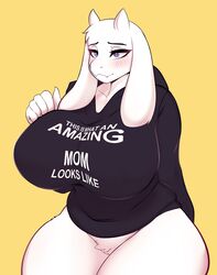 1girls anthro big_breasts blue_eyes blush breasts female furry hoodie horns huge_breasts large_penis mature_female ownychan solo standing thick_thighs toriel undertale voluptuous white_fur wide_hips yellow_background