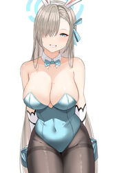 1girls 2021 absurdres animal_ears arm_support asuna_(blue_archive) asuna_(bunny)_(blue_archive) asymmetrical_bangs bangs bar_stool bare_shoulders blue_archive blue_bow blue_bowtie blue_eyes blue_leotard blue_ribbon bow bowtie breasts bunny_ears bunnysuit covered_navel detached_collar fake_animal_ears female female_focus female_only gloves grey_hair grey_legwear grin hair_over_one_eye hair_ribbon hairband half-closed_eyes halo highleg highleg_leotard highres large_breasts leotard long_hair looking_at_viewer mole mole_on_breast murding pantyhose playboy_bunny rabbit_ears ribbon simple_background sitting smile solo solo_female stool strapless strapless_leotard thighband_pantyhose thighs very_long_hair white_background white_gloves white_hairband