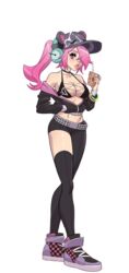 1girls belt black_pants black_stockings cap character_sheet clothed_female dj dj_sinnesta_(kink_inc.) emo female_focus hair_covering_eye hat hat_with_ears headphones high_tops jacket kink_inc. looking_at_viewer model_sheet nutaku pale-skinned_female pink_eyes pink_hair ponytail revealing_breasts soda soda_cup solo_female solo_focus tender_troupe transparent_background