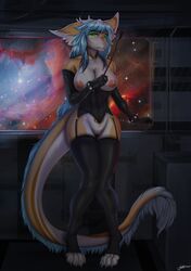 anthro areola blue_hair blush breasts clothing digital_media_(artwork) dksk30 dragon female fur furred_dragon genitals green_eyes hair hi_res ilyana_eildove legwear nipples pussy riding_crop solo space stockings whip