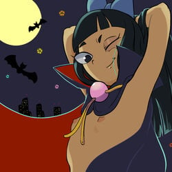 1girls armpits arms_up arumajiro bangs bats black_hair bow cape cape_only crossover dark_hair disney disney_channel disney_xd female flat_chest light-skinned_female light_skin long_hair looking_at_viewer moon night nipples phineas_and_ferb pov smile solo stacy_hirano straight_hair tokimeki_tonight wink