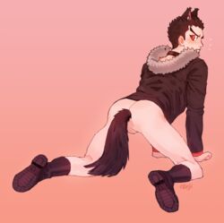 1boy all_fours anal anal_object_insertion anal_tail animal_ears artist_name ass black_collar black_footwear black_hair black_jacket boots brown_background c0nmeat collar danganronpa danganronpa:_trigger_happy_havoc danganronpa_(series) fake_tail from_behind fur_trim gradient gradient_background ishimaru_kiyotaka jacket kiyotaka_ishimaru knee_boots long_sleeves looking_back male_focus male_only object_insertion red_eyes short_hair smooth_skin spread_legs tail wolf_ears