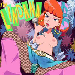 arumajiro blue_eyes bow disney disney_channel disney_xd eyelashes finger_to_mouth fishnets hoop_earrings large_breasts leg_warmers linda_flynn-fletcher lindana microphone musician nipples orange_hair phineas_and_ferb tongue_out