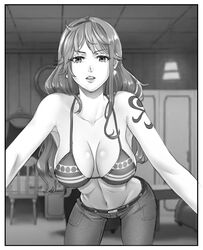 1girls 2d_(artwork) bedroom belt big_breasts bikini bikini_top breasts clothed curvy curvy_female curvy_figure ear_piercing female female_only greyscale jeans kerana_art leaning_forward long_hair looking_at_viewer midriff nami no_shirt one_piece post-timeskip solo striped_bikini tattoo thousand_sunny toned_female