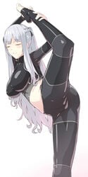 1girls ak-12_(girls'_frontline) ass bangs black_ribbon blush braid closed_eyes exercise eyebrows_visible_through_hair female female_only flexible from_side girls'_frontline groin hair_ribbon hand_on_own_leg kageshio_(276006) long_hair navel parted_lips ponytail ribbon shirt sidelocks silver_hair simple_background smile solo split sportswear standing standing_on_one_leg standing_split taut_clothes taut_pants taut_shirt very_long_hair white_background