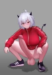 1futa balls big_balls big_breasts big_penis blush bottomless breasts clothed clothing demon demon_girl erect erection futa_only futanari gopnik helltaker huge_cock humanoid humanoid_penis light-skinned_futanari light_skin malina_(helltaker) minishell pale_skin partially_clothed penis red_eyes simple_background solo squatting uncensored white_hair