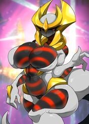 1girls 2020 2021 3_fingers absurd_res anthro anthro_only anthrofied ashraely ass big_breasts black_body black_pupils black_sclera blush bodily_fluids breast_squish breasts cleavage colored curvy_figure female female_only front_view giratina giratina_(origin_form) hi_res highres horn huge_breasts humanoid legendary_pokémon legendary_pokemon looking_at_viewer mammal metal multicolored_body nintendo nipples non-mammal_breasts pokémon pokémon_(species) pokémorph pokemon raised_tail red_body red_eyes reflective_body simple_background smooth smooth_horn soft_breasts solo tagme tail thick_thighs three_fingers uncensored video_games voluptuous white_body wide_hips