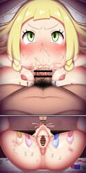 1boy 1girls :>= anus areolae blonde_hair blowjob blush body_writing breasts censor_bar censored condom cum cum_in_condom cum_in_mouth cum_inside ebifurai eye_contact fellatio fellatio_gesture female filled_condom genital_fluids green_eyes lillie_(pokemon) looking_at_viewer nintendo nipples oral penis pokemon pokemon_sm pubic_hair pussy thighs used_condom vacuum_fellatio veiny_penis