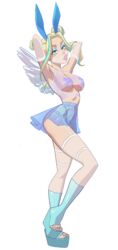 blonde_hair blue_ears blue_highlights bunny_ears character_sheet crystal_(kink_inc.) fishnet_headwear fishnets hairbuns high_heels kink_inc. light_green_eyes long_bangs looking_at_viewer model_sheet nutaku pale-skinned_female pasties see-through_skirt slim_waist solo_female solo_focus tender_troupe transparent_background white_stockings white_wings wings