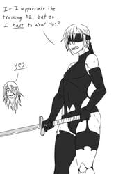 1boy ass blindfold bulge crossdressing embarrassed english_text femboy kiahl light-skinned_male light_skin male male_focus male_only monochrome nier:_automata open_mouth solo solo_male sword text thick_thighs trap white_background white_hair yorha_9s yorha_a2 yorha_a2_(cosplay)