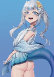 2d_(artwork) absurdres ass blue_dress blush cojohn dress female fish_tail gawr_gura gradient_dress highres hololive hololive_english hololive_myth looking_at_viewer off_shoulder shark_tail sharp_teeth tail teeth twintails virtual_youtuber