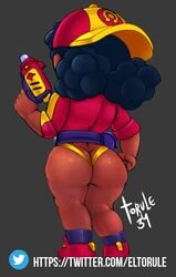 1girls ass ass_cleavage ass_focus back backwards_baseball_cap baseball_cap big_ass big_butt bottomless brawl_stars brown_hair butt_crack cap clothed clothing curly_hair curvy dark-skinned_female dark_skin female female_focus female_only from_behind full_body gun half-dressed hat hips meg_(brawl_stars) partially_clothed rear_view red_clothing simple_background solo solo_female solo_focus standing supercell thick_ass thick_thighs tied_hair torule34 twintails underwear weapon