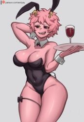 1girls alternate_version_available big_breasts black_sclera bunny_ears bunny_girl bunny_tail bunnysuit earrings female female_only horns lentiyay mina_ashido my_hero_academia pink_hair pink_skin solo thick_thighs tongue_out waitress wide_hips wine wine_glass