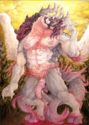 accipitrid accipitriform anthro avian balls beard bearded_vulture bird black_balls body_hair chest_hair cloudscape demon facial_hair father feathered_wings feathers flower genitals gryphon hair halo hell hi_res hooves horn long_hair long_tail male male/male muscular muscular_male mythological_avian mythology nipples nozzle old_world_vulture parent paws penis piercing pink_penis plant pubes red_eyes sky solo tail_feathers tuballkaindelparaiso_(artist) vulture wings yellow_eyes