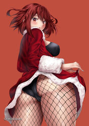 1girls 2021 ass bangs black_clothing blush breasts christmas excaliblader female female_only fishnets huge_breasts large_ass latex looking_at_viewer looking_back looking_over_shoulder nintendo pyra red_clothing red_eyes red_hair short_hair sideboob simple_background swept_bangs thick_thighs thighs xenoblade_(series) xenoblade_chronicles_2