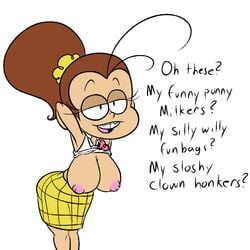 1girls areola areolae big_breasts braces breasts breasts_out brown_hair busty cleavage_cutout dialogue english_text female female_only funny huge_breasts large_breasts lazeedoodler luan_loud nipples oh_these?_(meme) solo text the_loud_house