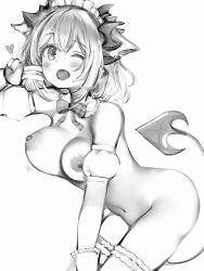 :d blush bouncing_breasts bow bowtie breasts demon_girl demon_horns demon_tail detached_sleeves female greyscale heart highres honey_strap horns large_breasts leaning_forward legband looking_at_viewer monochrome nanashi_(nlo) nanashi_inc. navel nipples nude one_eye_closed open_mouth puffy_detached_sleeves puffy_short_sleeves puffy_sleeves short_sleeves simple_background smile solo suou_patra tail v virtual_youtuber white_background wristband