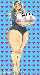 1girls arms_behind_back artist_name big_breasts blonde_hair blush breasts crysnickel erect_nipples erection_under_clothes eyebrows_visible_through_hair female female_only gigantic_breasts glasses green_eyes heart huge_breasts human human_only long_hair looking_at_viewer madz_(madzisstacked) madzisstacked shorts smile solo solo_female standing t-shirt tagme text thick_thighs top_heavy voluptuous wide_hips