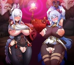 <3_eyes absurd_res abyss_mage ambiguous_gender big_breasts blush bodily_fluids breasts censored clothing female ganyu_(genshin_impact) genital_fluids genitals genshin_impact group heart hi_res hilichurls_(species) horn horned_humanoid huge_breasts human humanoid hypnosis light-skinned_female light_skin mammal mind_control mitachurl nipples poper pussy pussy_juice shenhe_(genshin_impact) silver_hair torn_clothing video_games