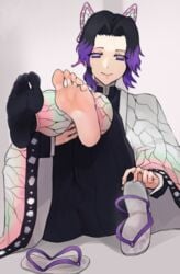 barefoot black_hair butterfly_hair_ornament demon_slayer feet feet_up female female_only foot_fetish foot_focus fully_clothed haori kimetsu_no_yaiba kochou_shinobu legs_up looking_back one_bare_foot purple_eyes scas shoes_removed smile soles solo tabi two_tone_hair