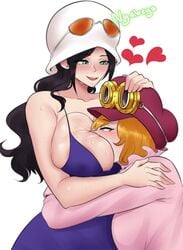 2girls big_breasts blush breast_smother breasts eyewear_on_head face_in_breasts face_on_breast female female_only frills hand_on_head hat hugging koala_(one_piece) large_breasts long_hair nico_robin nyabeyo one_piece orange_hair short_hair smile spoken_heart sunglasses_on_head white_background yuri